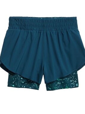 ATHLETA Hiit 2-in-1 Shorts in Turquoise Splatter Print Stash Pockets Sz. Small